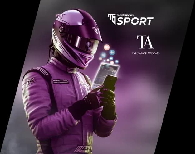 Pilote casqué entouré des logos Tendances.Sport et Talliance Avocats