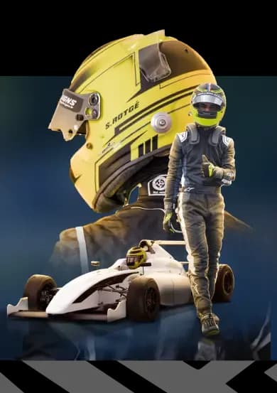 Sachel Rotgé en combinaison devant son casque et une Formule 4
