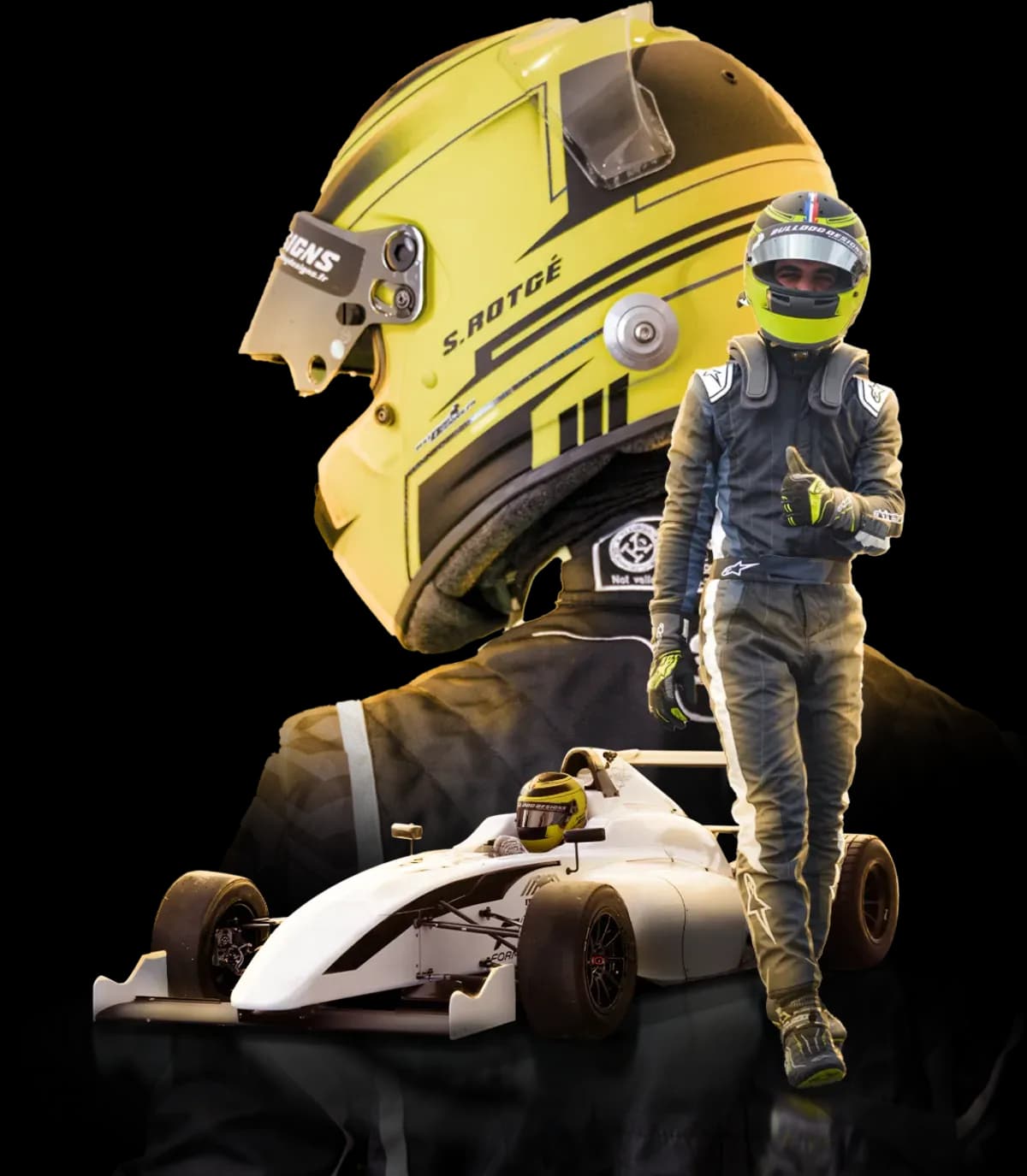 Sachel Rotgé en combinaison devant son casque et une Formule 4